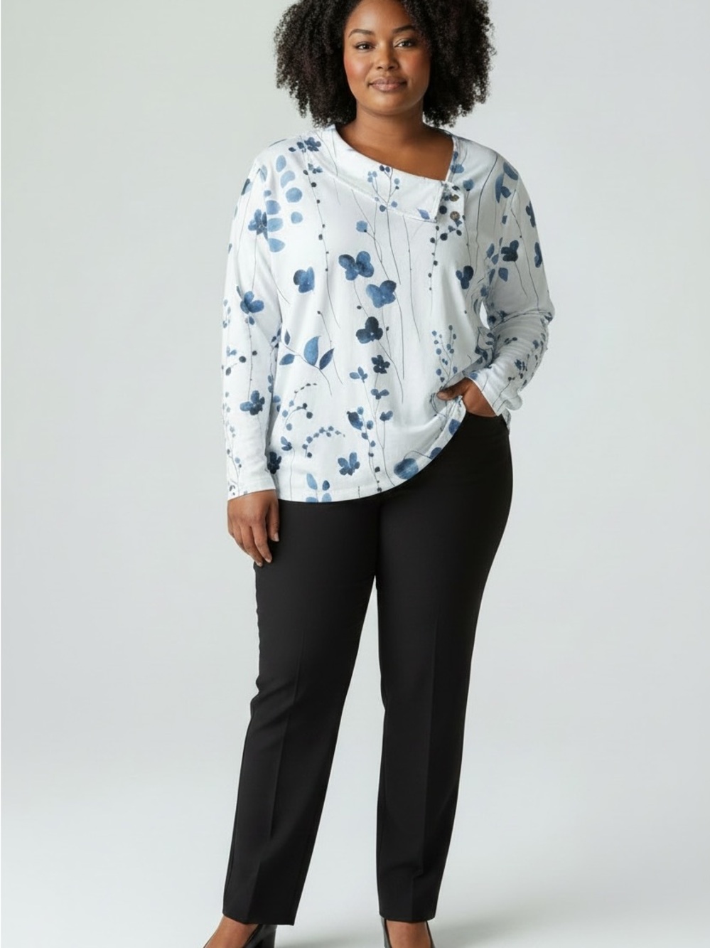 Emily Rose White Long-Sleeve Floral Print Blouse with Blue Accents